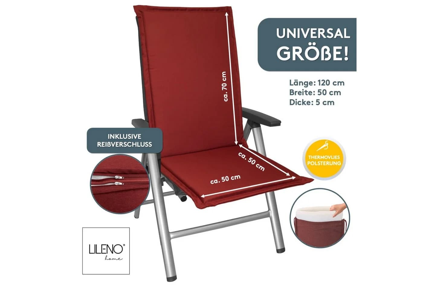 LILENO HOME Hochlehnerauflage Gartenstuhl Rot mit Kopfkissen