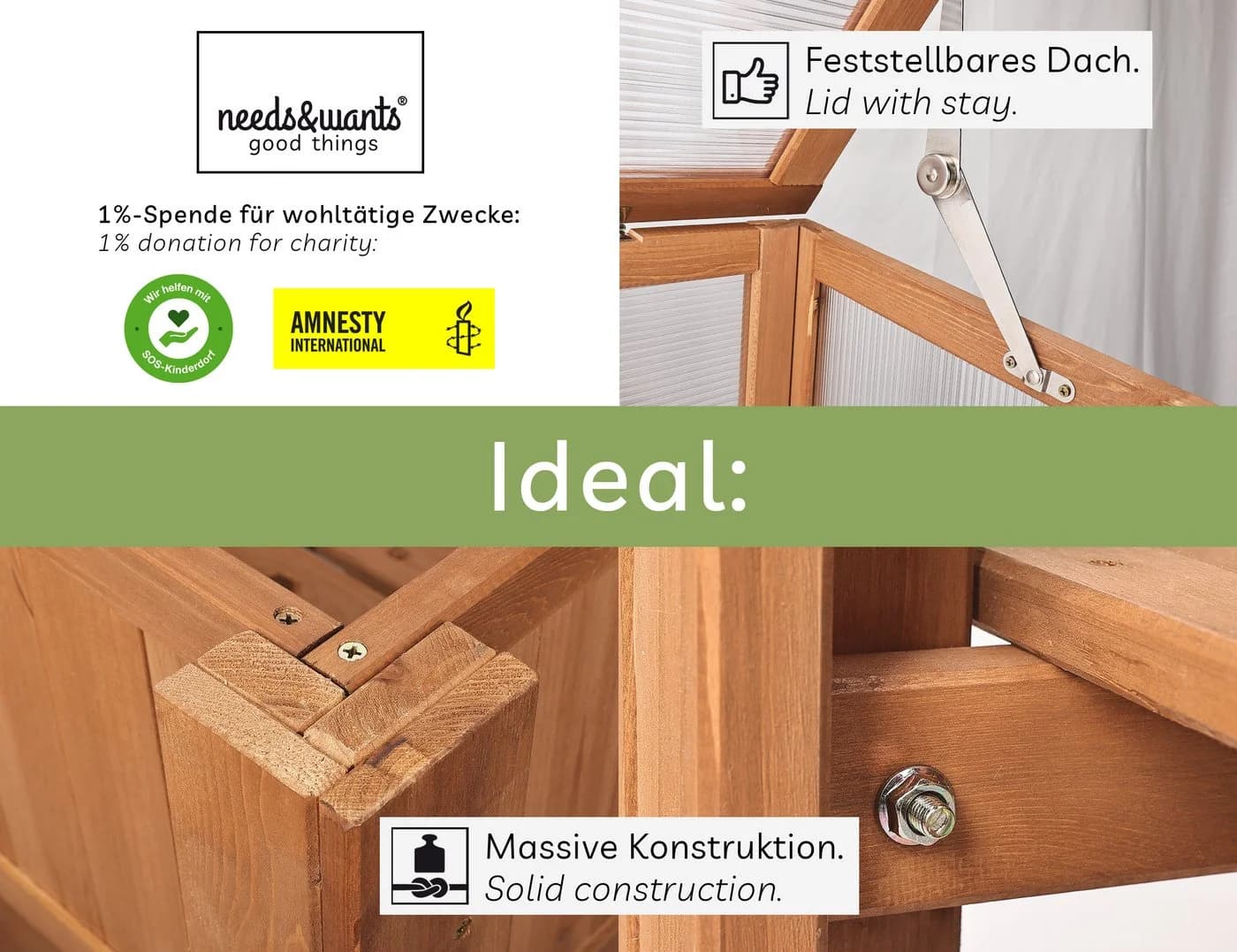 needs&wants® Hochbeet mit Frühbeetaufsatz aus Holz braun - Bild 4