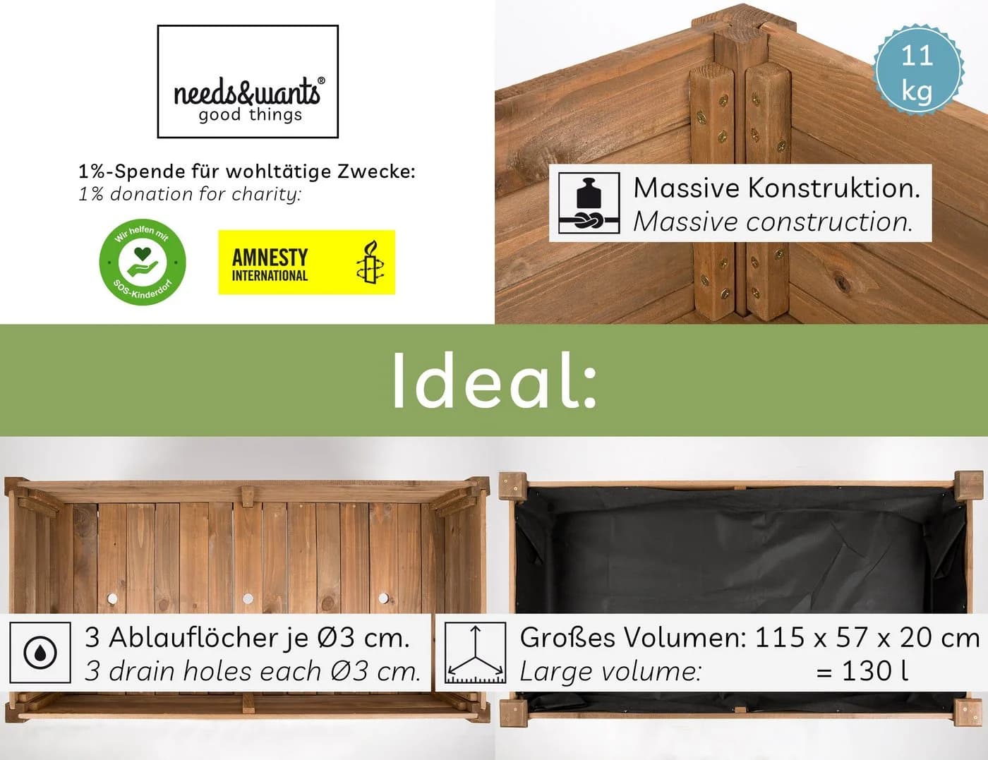 needs&wants Hochbeet aus Holz Dunkel-braun XL - Bild 3