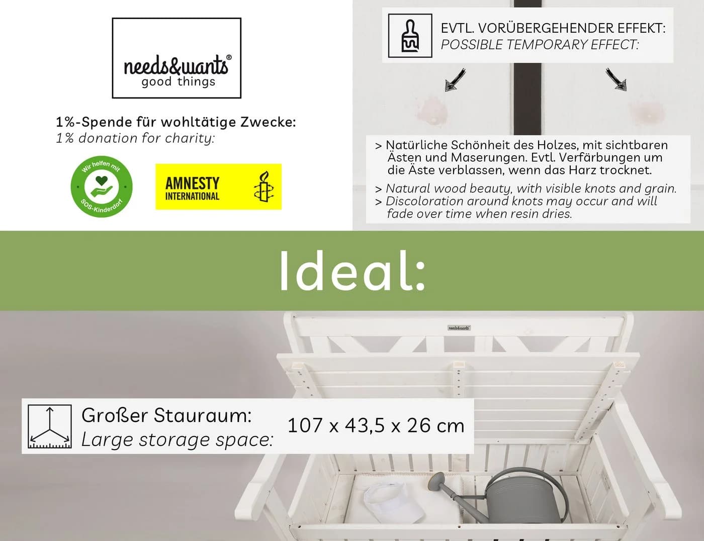 needs&wants® Gartenbank Chesty2 Weiß mit Stauraum und Abdeckung - Bild 2