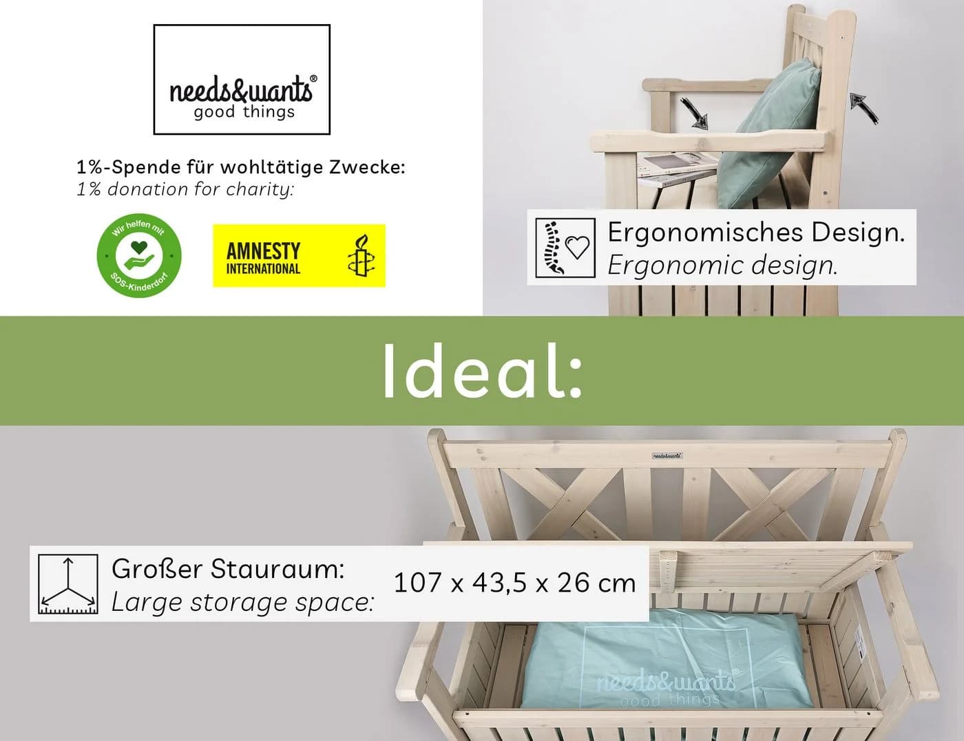needs&wants® Gartenbank Holz wetterfest mit Stauraum, Truhenbank Holzbank Sitzbank Truhe braun - Bild 3