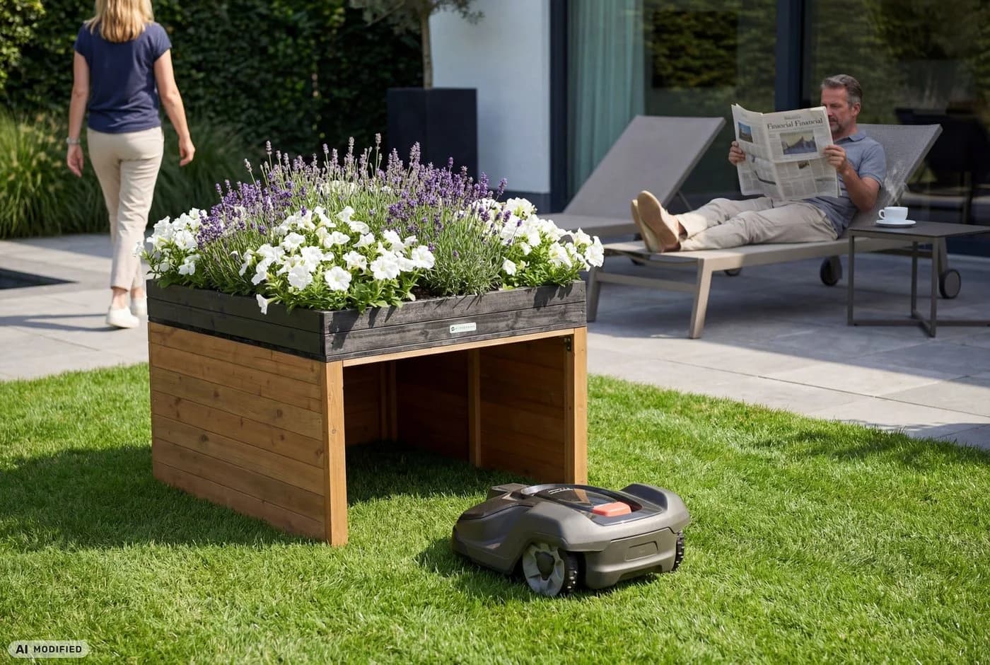 WONDERMAKE Mähroboter-Garage XL mit Pflanzkasten und Wasserablauf