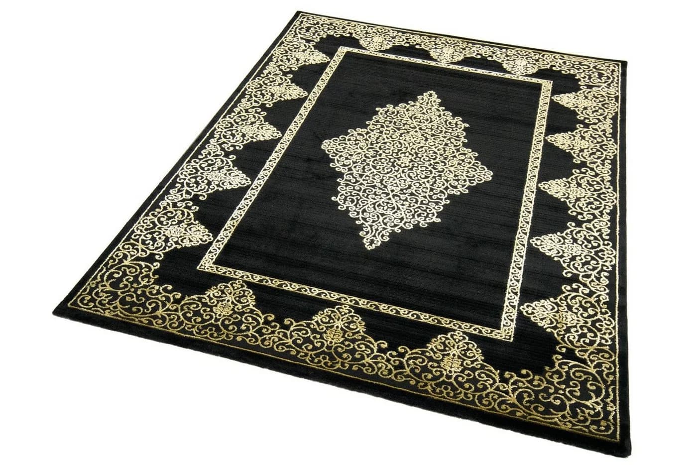 Carpetia Teppich Wohnzimmer Kurzflor Ornamente Schwarz Gold