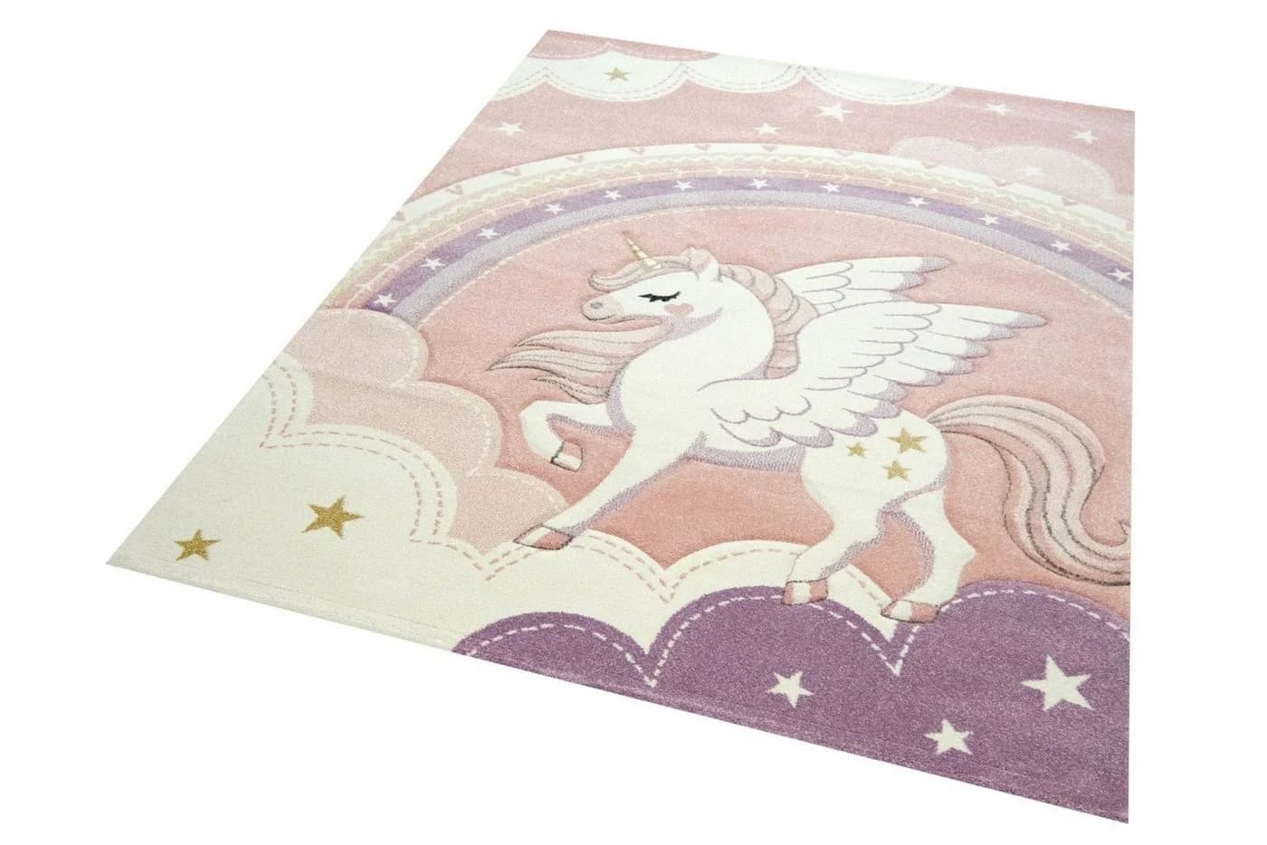 Carpetia Kinderteppich Himmel Wolken Regenbogen Einhorn Rosa Creme