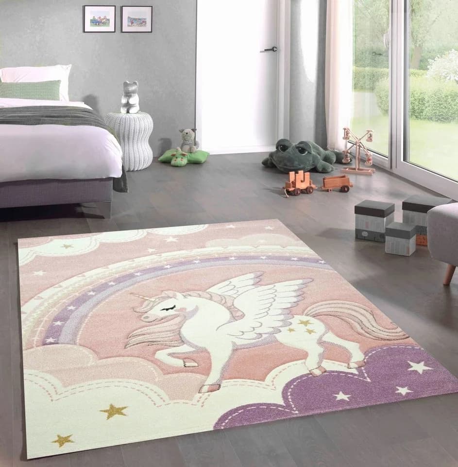 Carpetia Kinderteppich Himmel Wolken Regenbogen Einhorn Rosa Creme - Bild 2