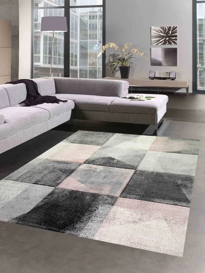 Carpetia Teppich Flur Wohnzimmer modernes Karomuster creme rosa grau - Bild 2