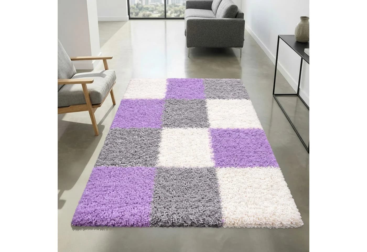 Carpetia Shaggy Teppich Hochflor Karomuster Flieder Lila - Bild 2