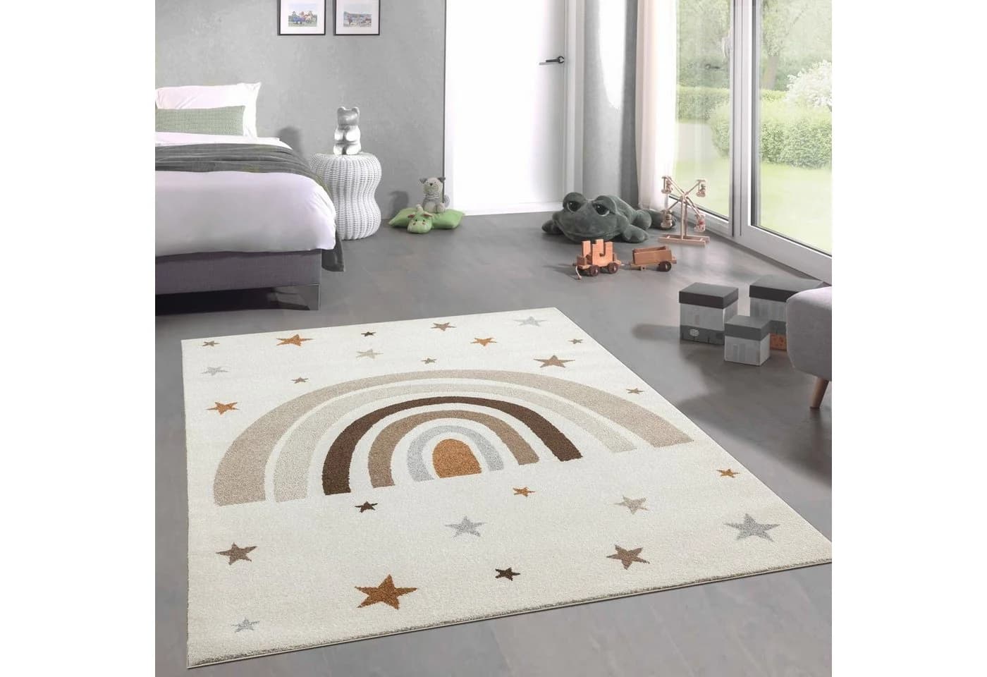Carpetia Kinderteppich Kurzflor Regenbogen Sterne Beige Braun - Bild 2