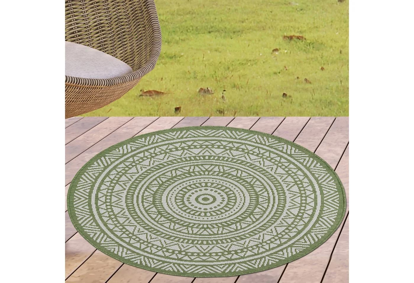 Carpetia Outdoorteppich Rund Ethno-Design Grün/Weiß - Bild 2