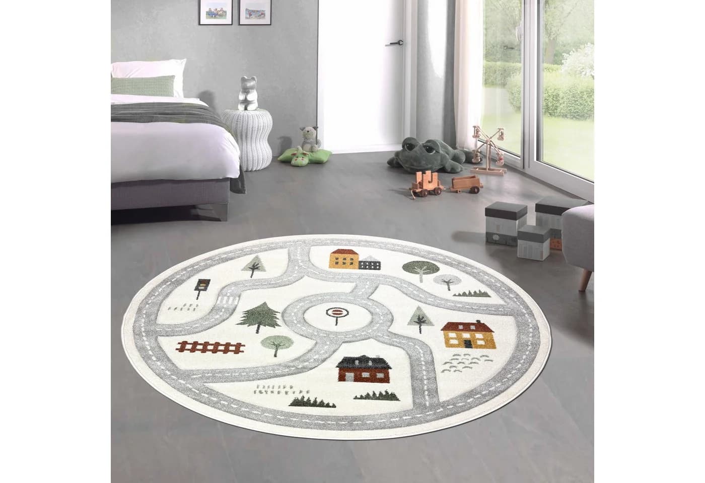 Carpetia Kinderteppich Runder Spielteppich mit Straßenmotiv in Creme - Bild 2