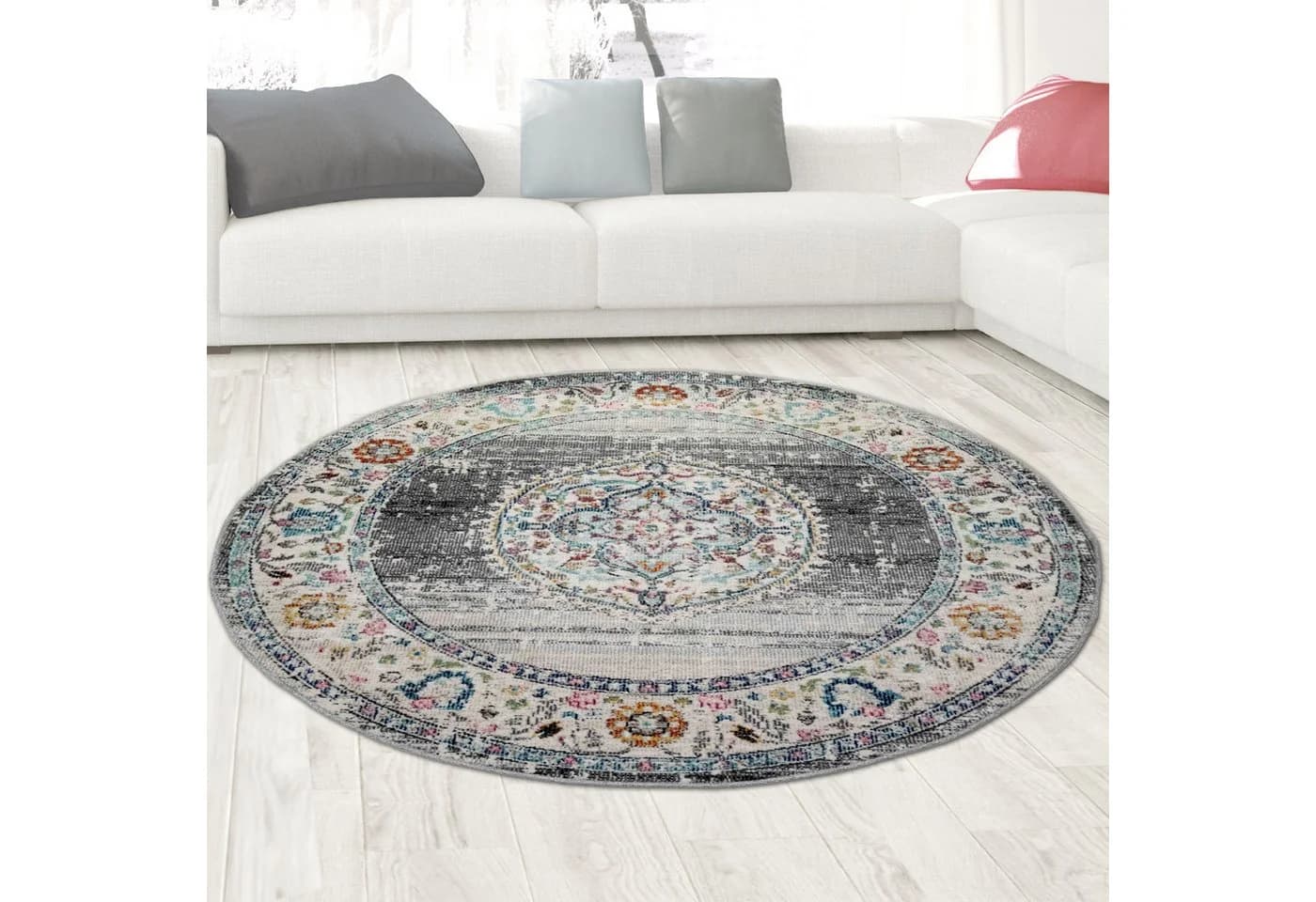 Carpetia Outdoorteppich Rund Orientalisch Grau Vintage