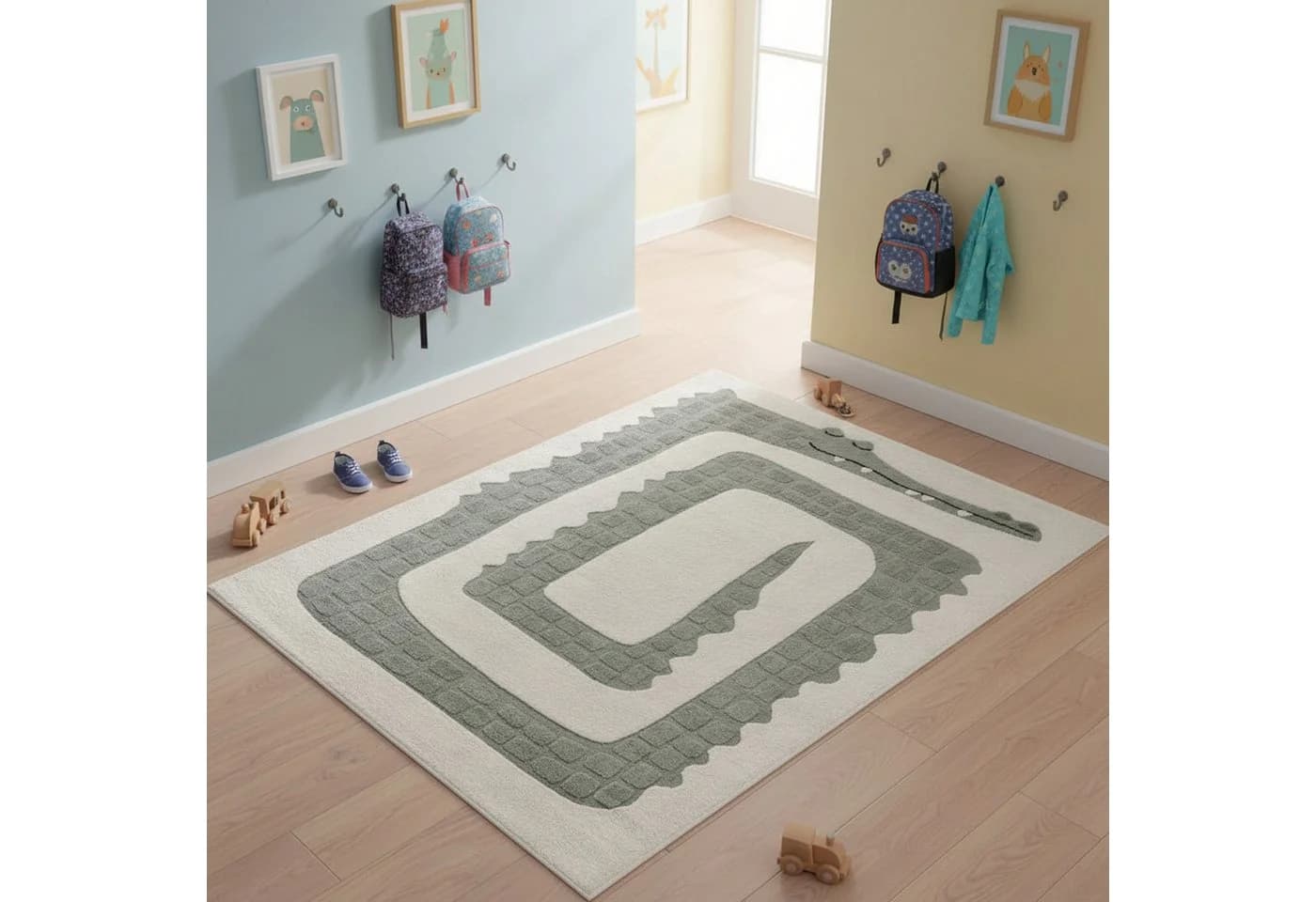 Carpetia Kinderteppich Krokodil Design Creme Grün 3D Struktur