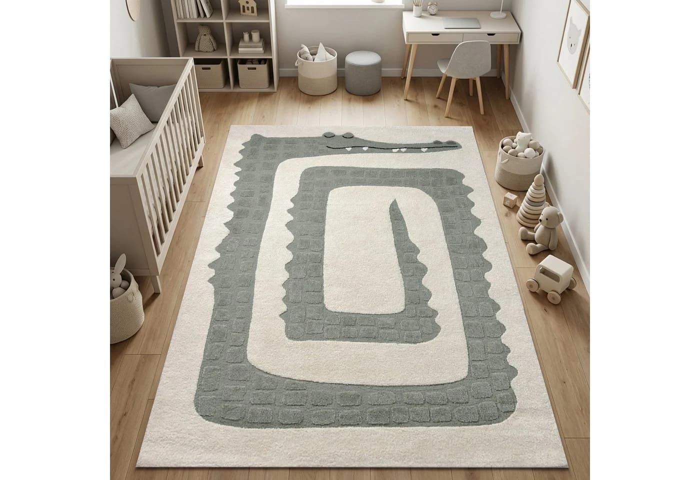 Carpetia Kinderteppich Krokodil Design Creme Grün 3D Struktur - Bild 2