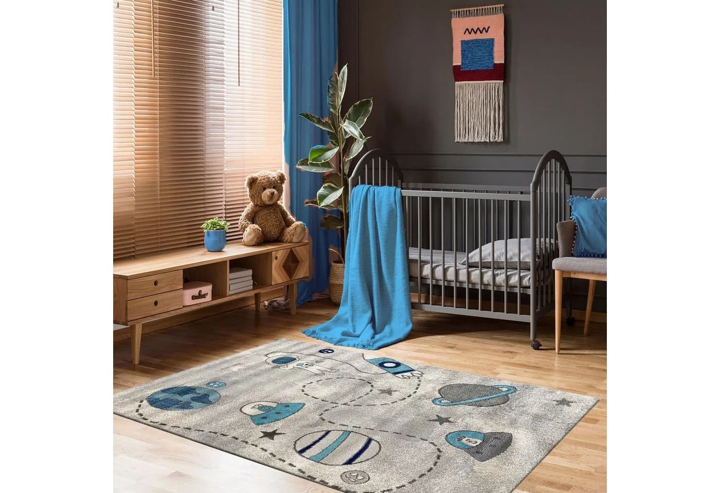 Vimoda Kinderteppich Astronaut Grau Blau Weltall Läufer Kurzflor