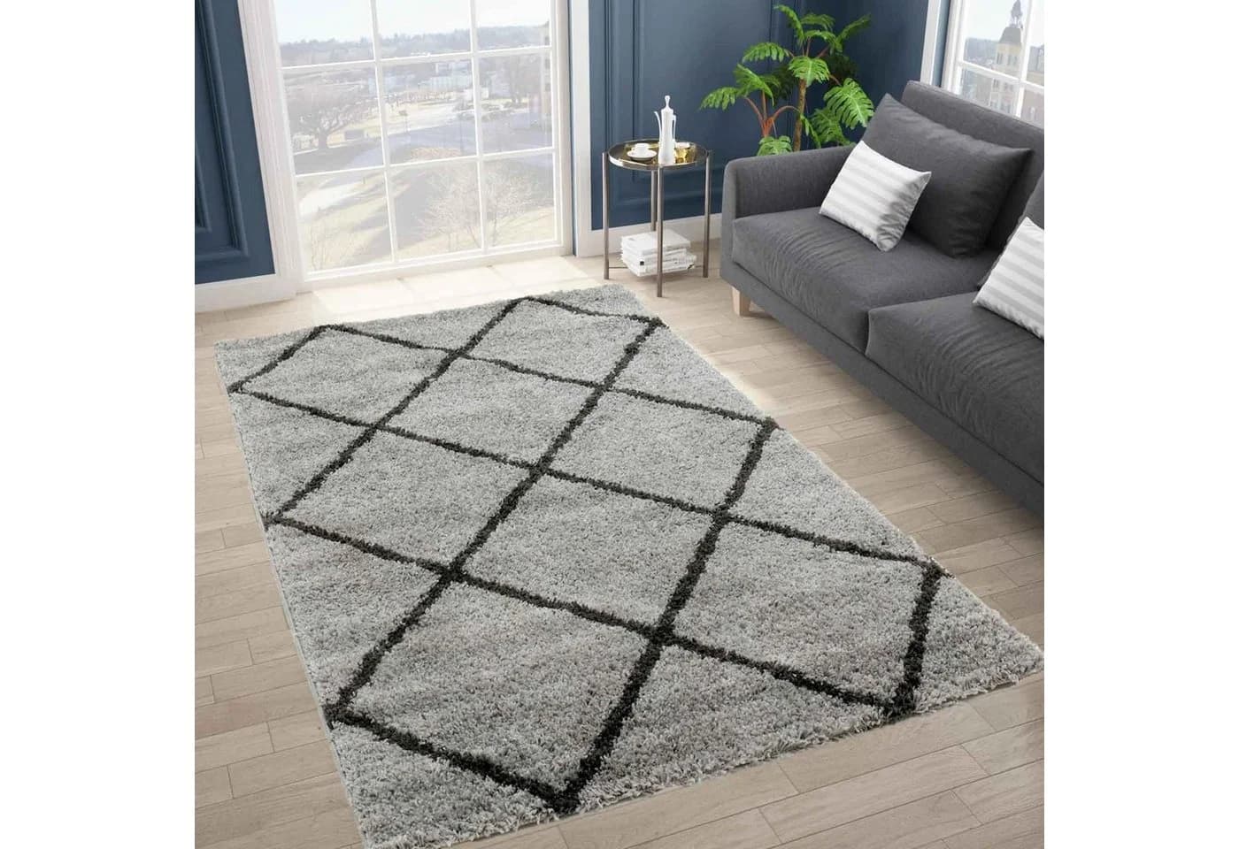 Vimoda Lederteppich Shaggy Hochflor Anthrazit Rautenmuster