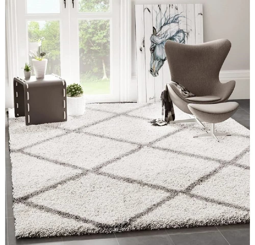 Vimoda Shaggy Teppich Läufer Weiss Creme Rautenmuster Skandi