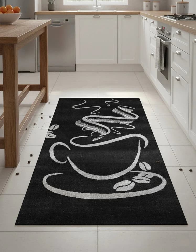 Vimoda Küchenteppich Kaffee-Muster Schwarz Grau Braun Kurzflor - Bild 2
