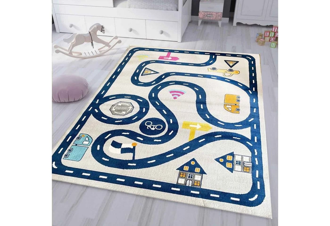 Vimoda Kinderteppich Mondol Auto Straße Muster Blau Grau
