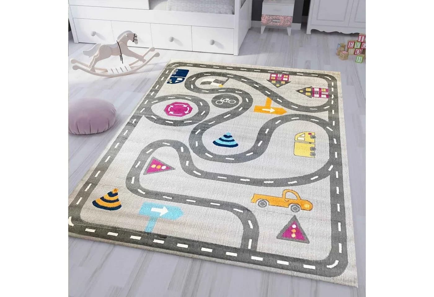 Vimoda Kinderteppich Auto Straße Blau Grau