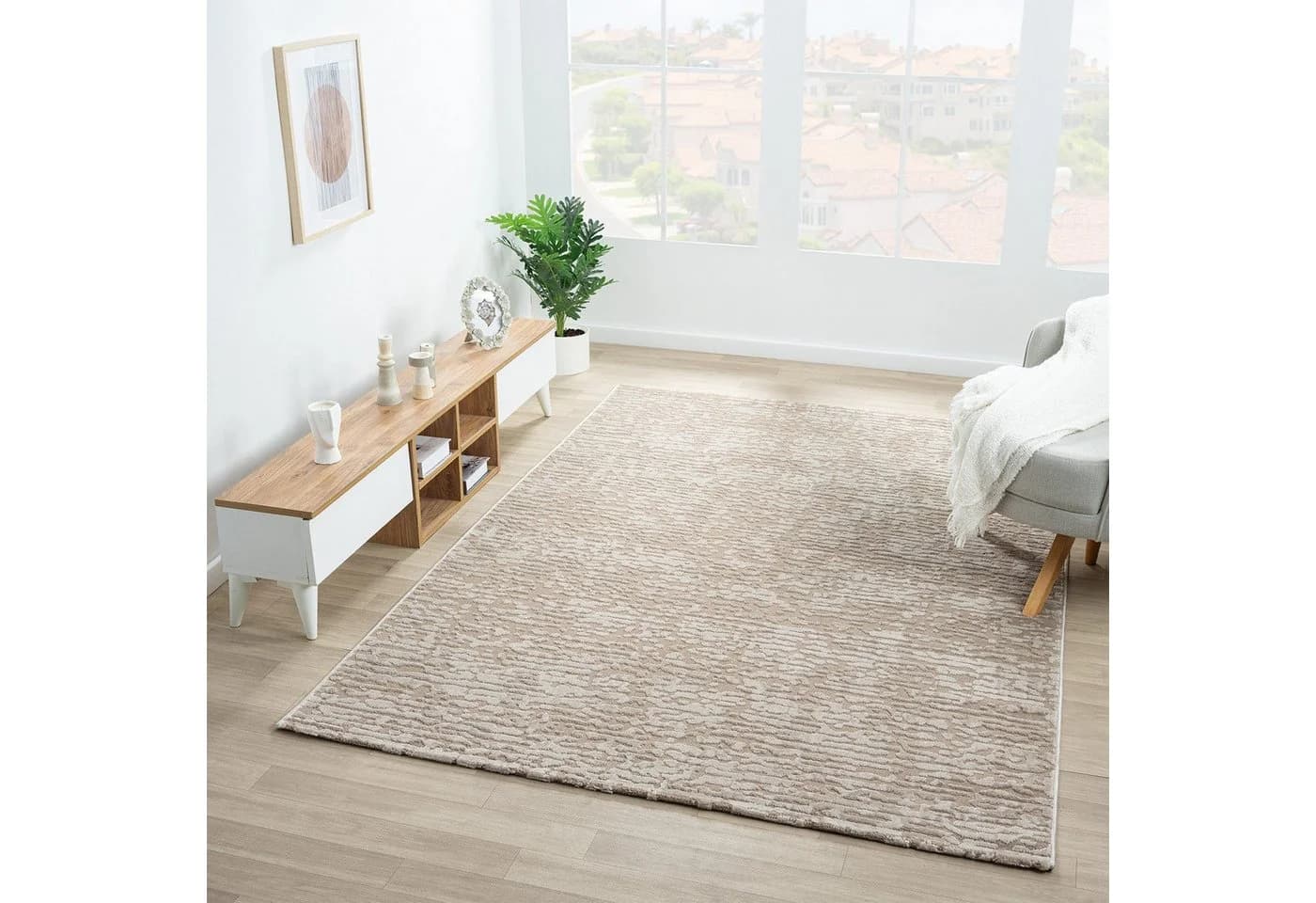 Vimoda Teppich Hoch-Tief Effekt Gestreift 3D Muster Taupe Grau Weiß - Bild 2