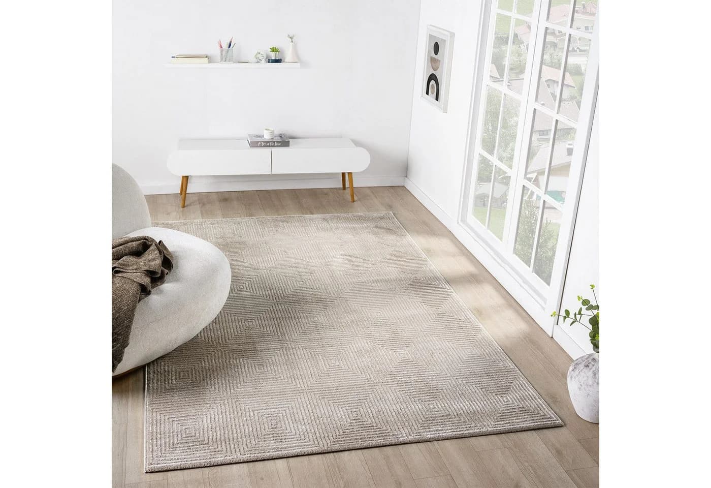 Vimoda Designteppich Boho 3D Rauten Kurzflor Creme Grau Taupe - Bild 3