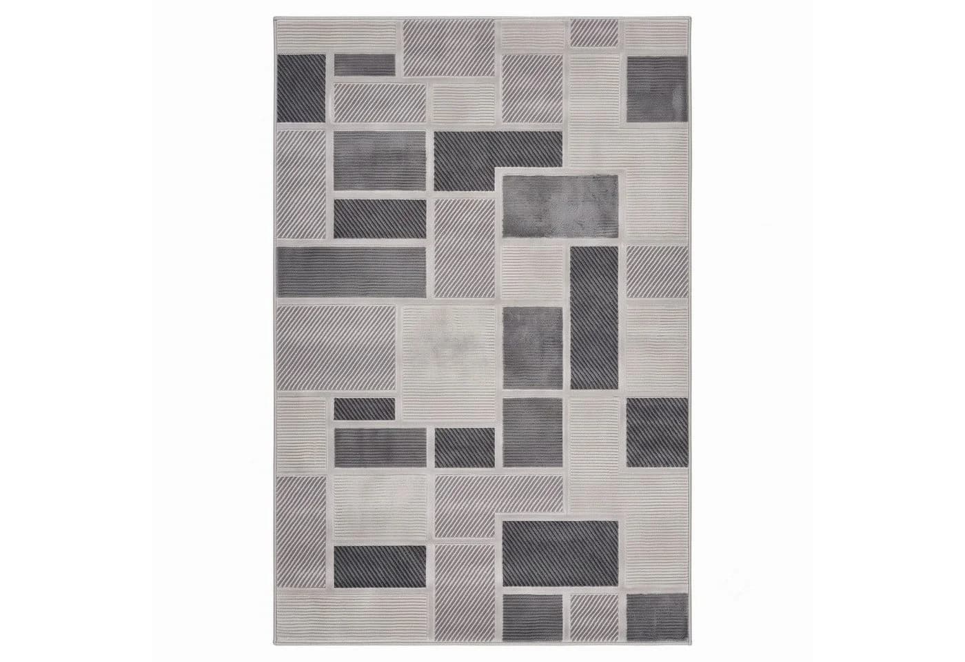 Vimoda Designteppich Kurzflor Boho 3D Hoch-Tief-Effekt Grau/Weiß