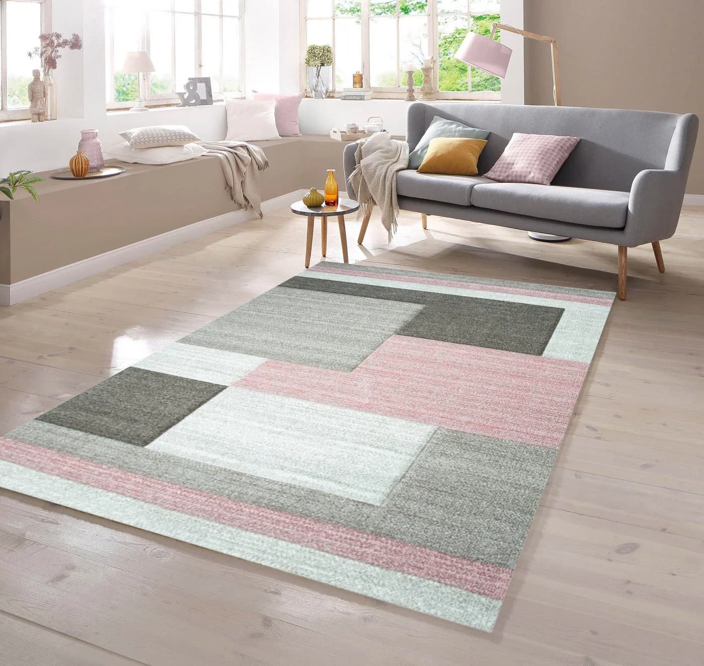 TeppichHome24 Designer Teppich Karo Muster Rosa Creme Beige - Bild 2