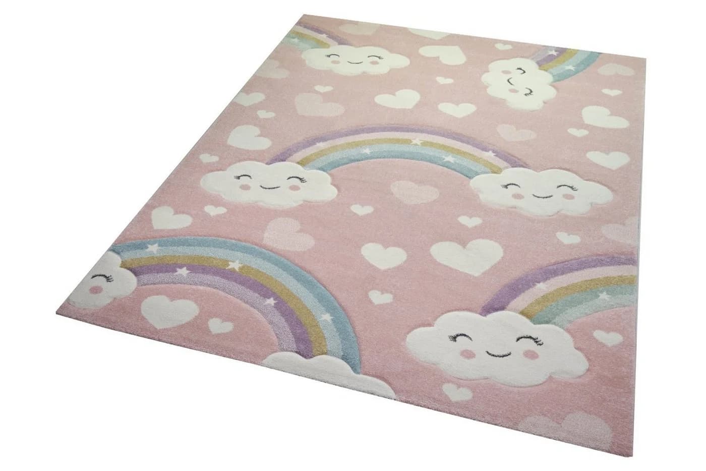TeppichHome24 Kinderteppich Regenbogen Wolken Herzen Bunt