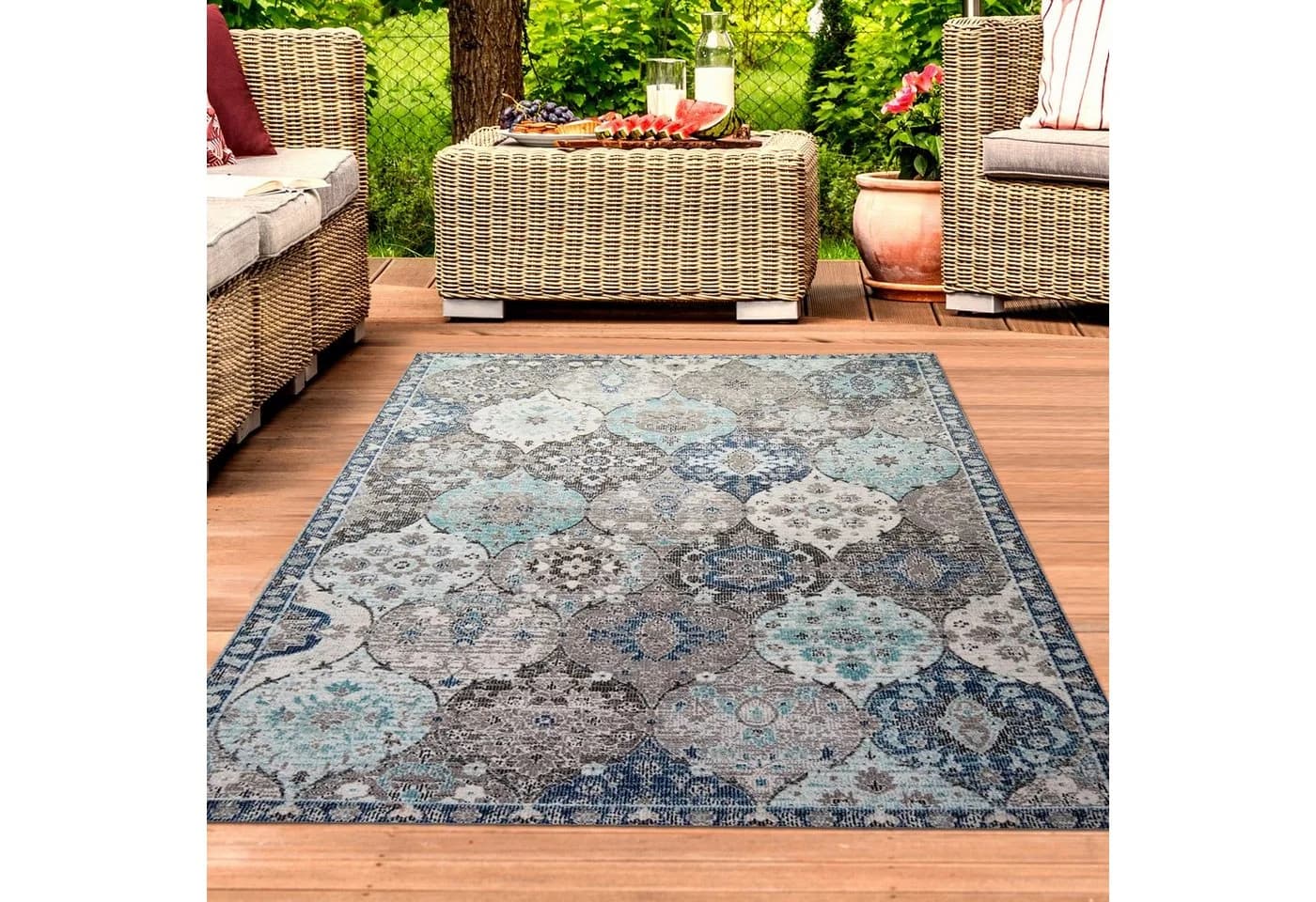TeppichHome24 Orientteppich Outdoor Grau Blau Modern