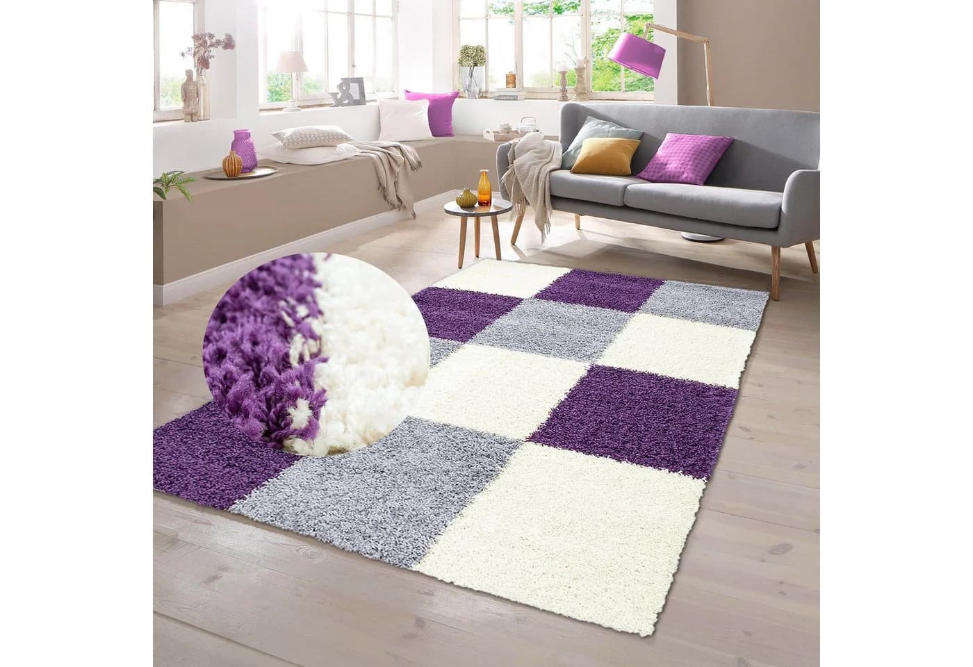 TeppichHome24 Shaggy Teppich Karo Design Lila Grau Creme - Bild 2
