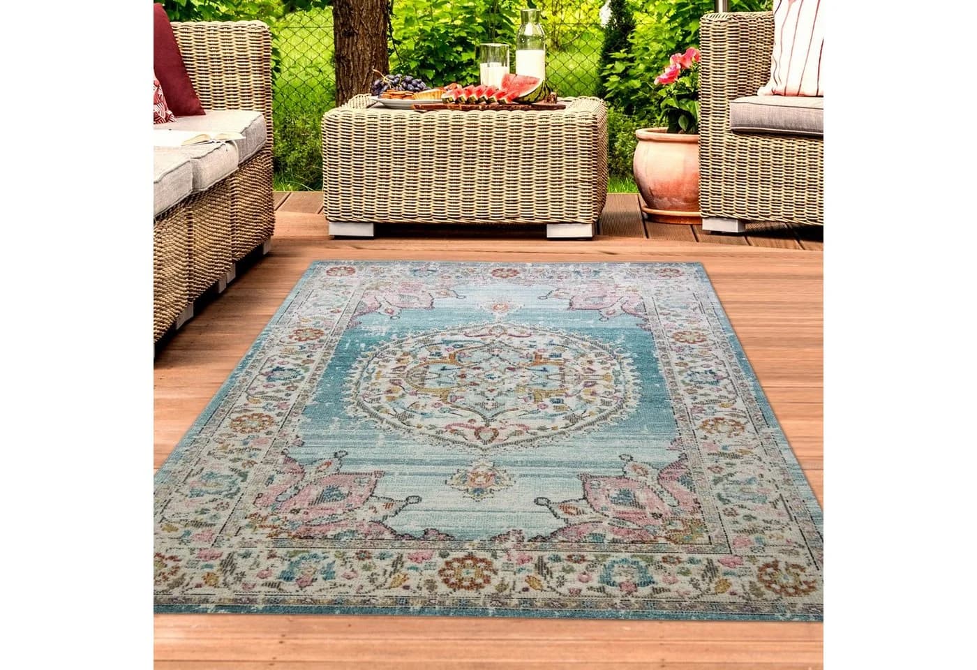 TeppichHome24 Orient Vintage Teppich Rund Blau Creme Grau