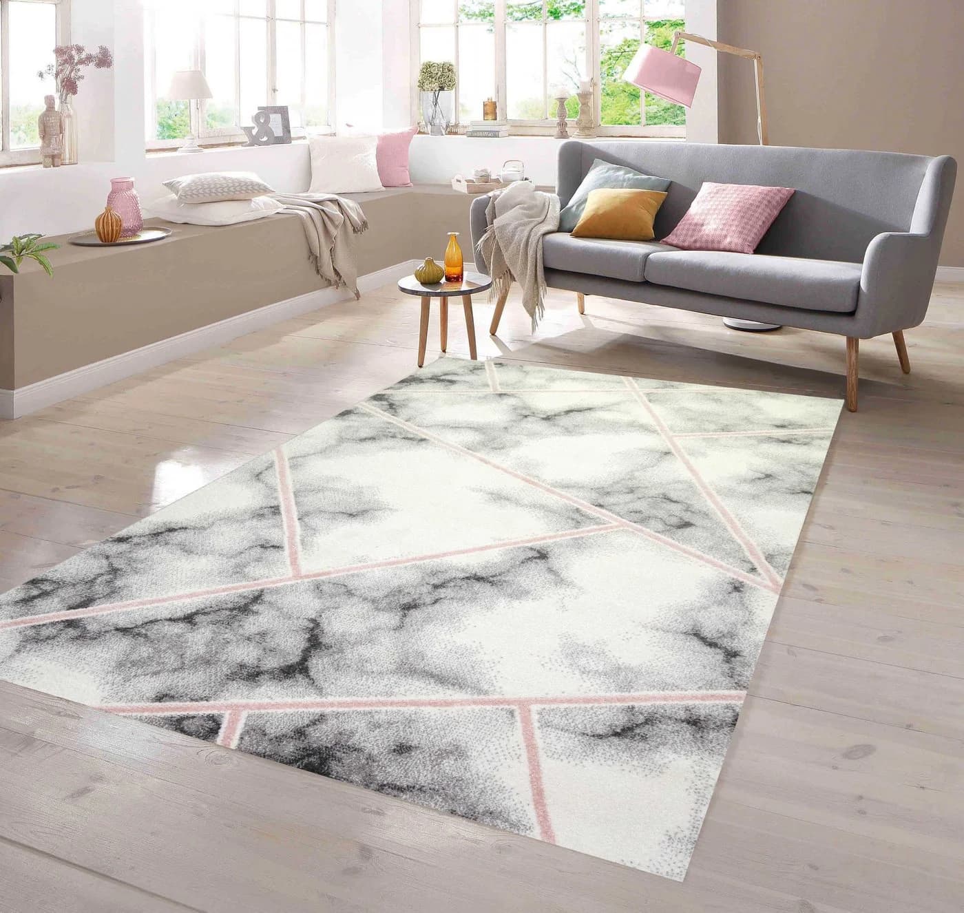 TeppichHome24 Designer Teppich Marmormuster Rosa Grau Creme - Bild 2