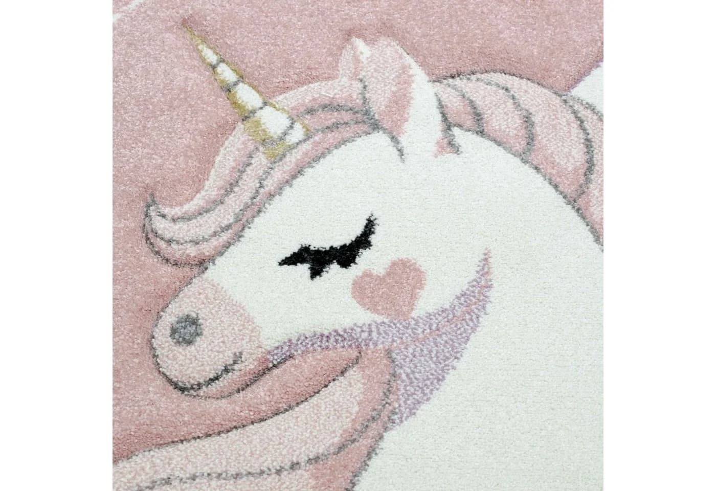 TeppichHome24 Kinderteppich Einhorn Regenbogen Creme Rosa Rechteckig