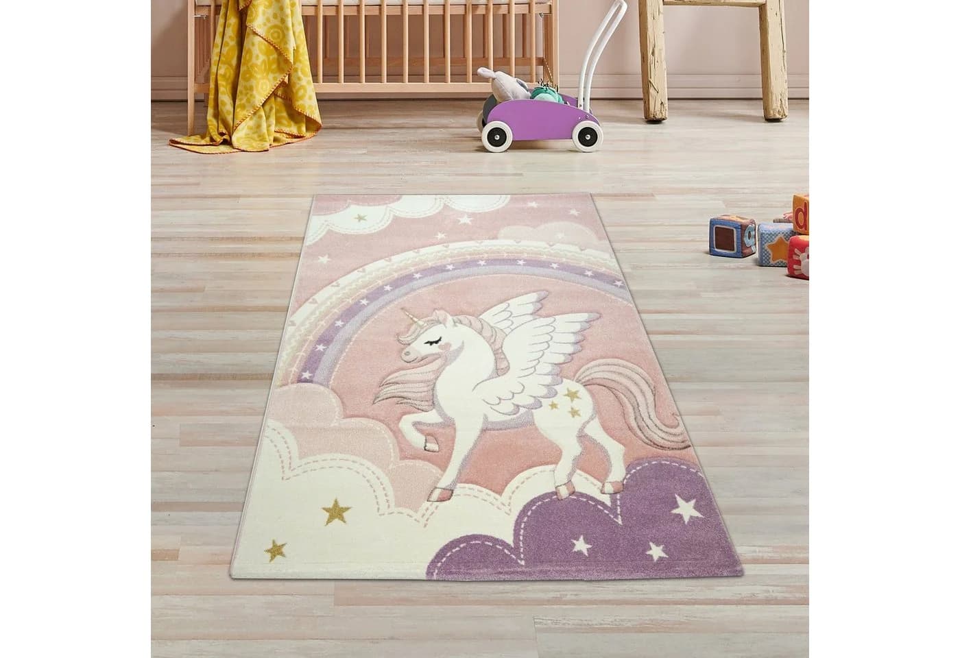 TeppichHome24 Kinderteppich Einhorn Regenbogen Creme Rosa Rechteckig - Bild 2