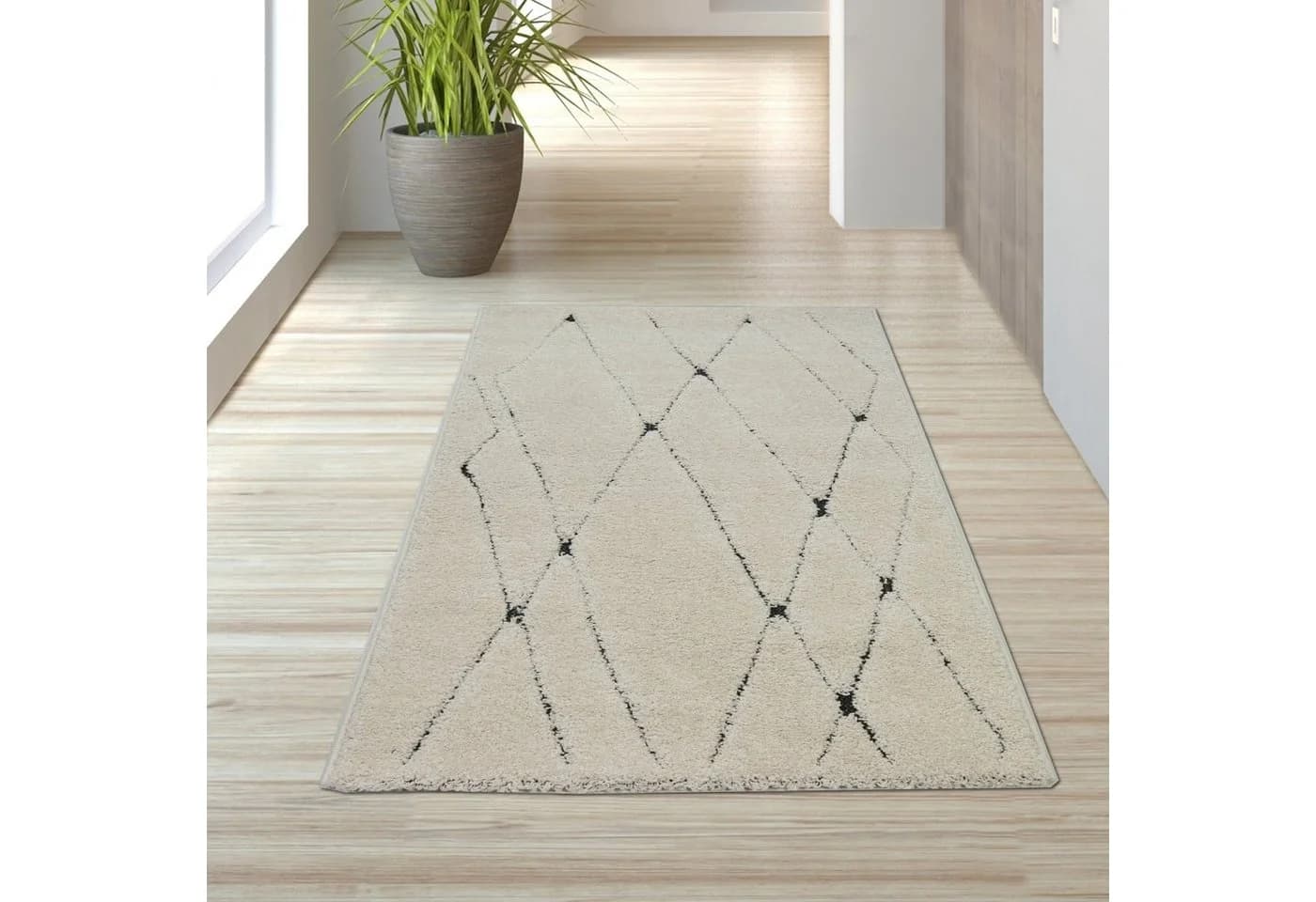 TeppichHome24 Flauschiger Teppich Creme Schwarz Rauten
