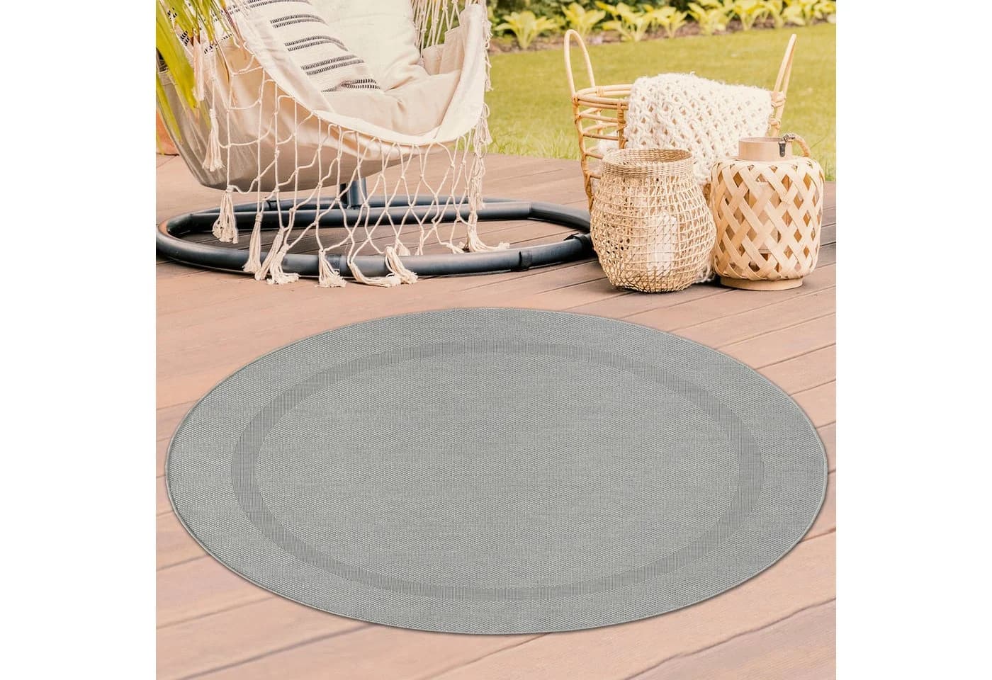 TeppichHome24 Outdoorteppich Sisaloptik Grau mit Bordüre