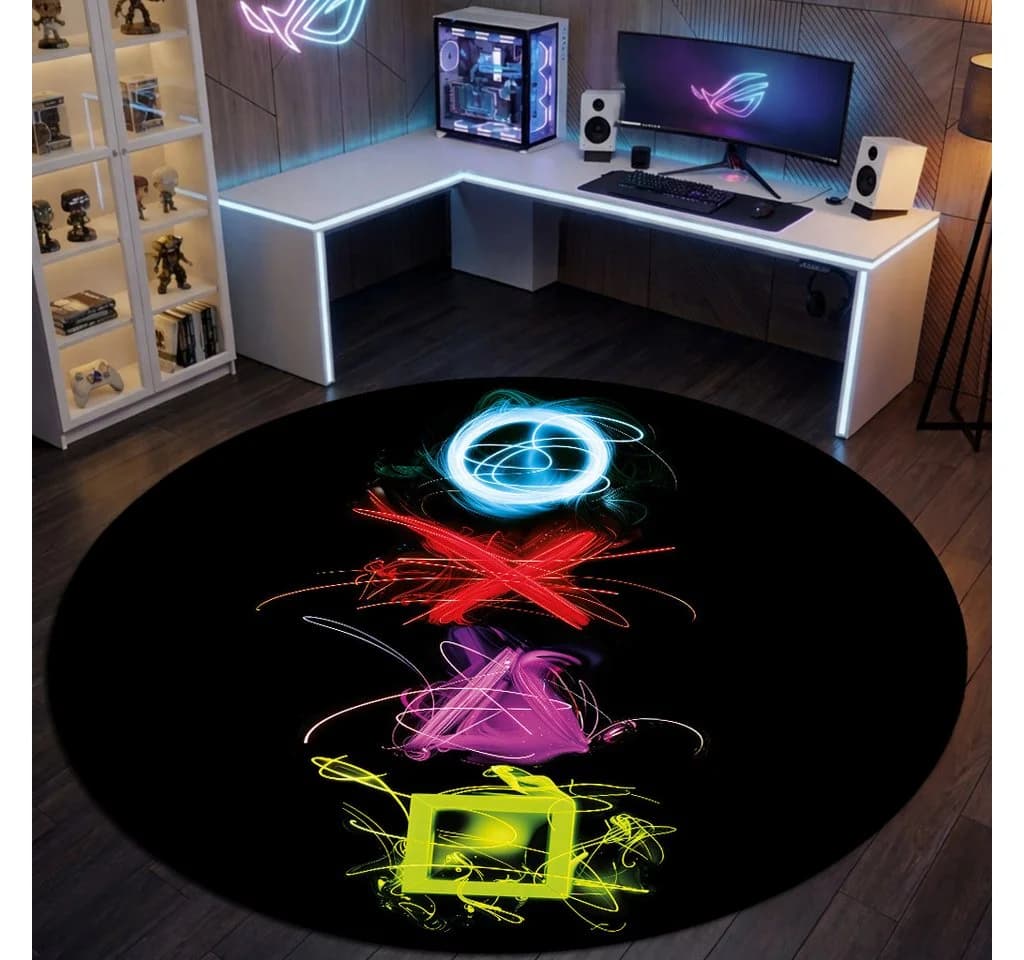 TeppichHome24 Gaming Teppich Neon-Symbole Schwarz Bunt