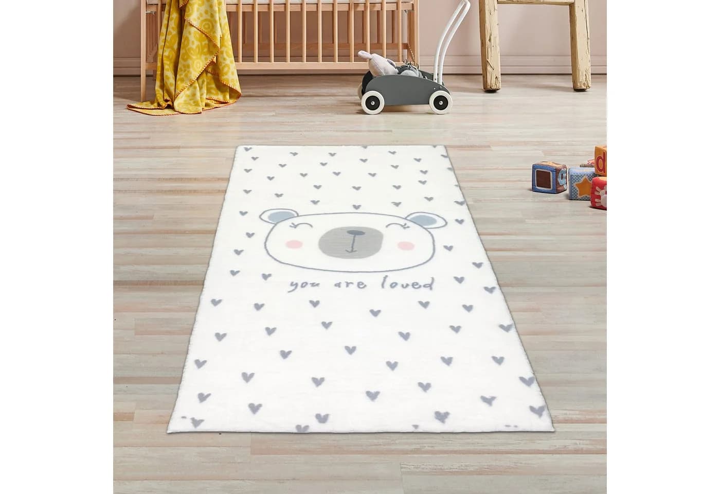 TeppichHome24 Kinderteppich Creme Bär Herzen