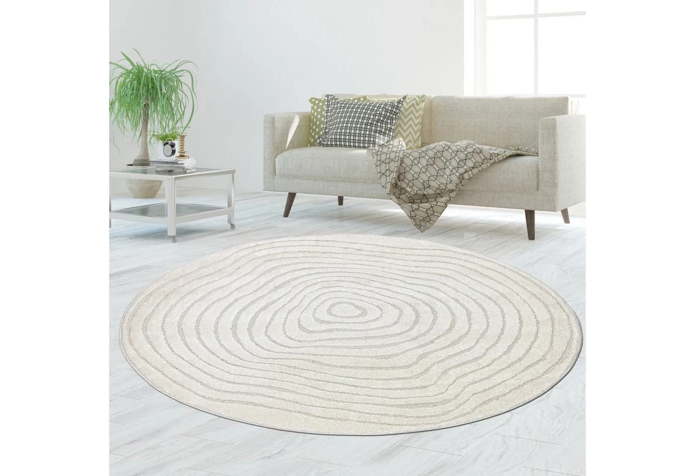 TeppichHome24 Wohnzimmerteppich Schlafzimmerteppich Jahresringe Creme Rund - Bild 2