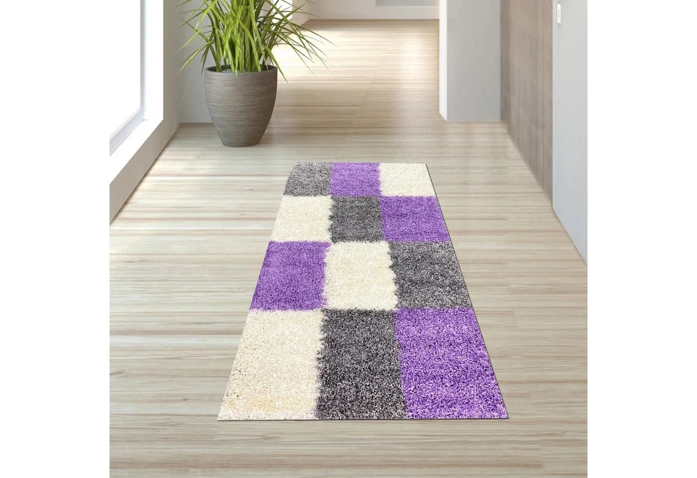 TeppichHome24 Shaggy Teppich Gemustert Karo Design Flieder Grau Creme