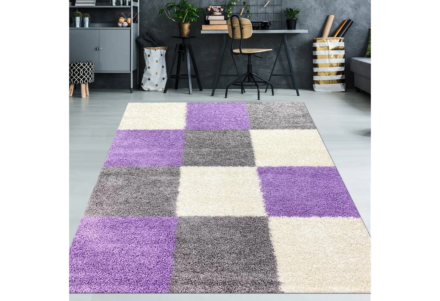 TeppichHome24 Shaggy Teppich Gemustert Karo Design Flieder Grau Creme - Bild 2