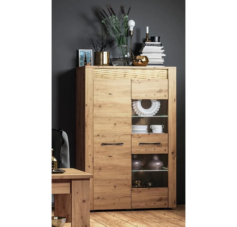 Lomadox Highboard ARTA-131 Vitrinenschrank Artisan Eiche Nb. mit Softclose & LED