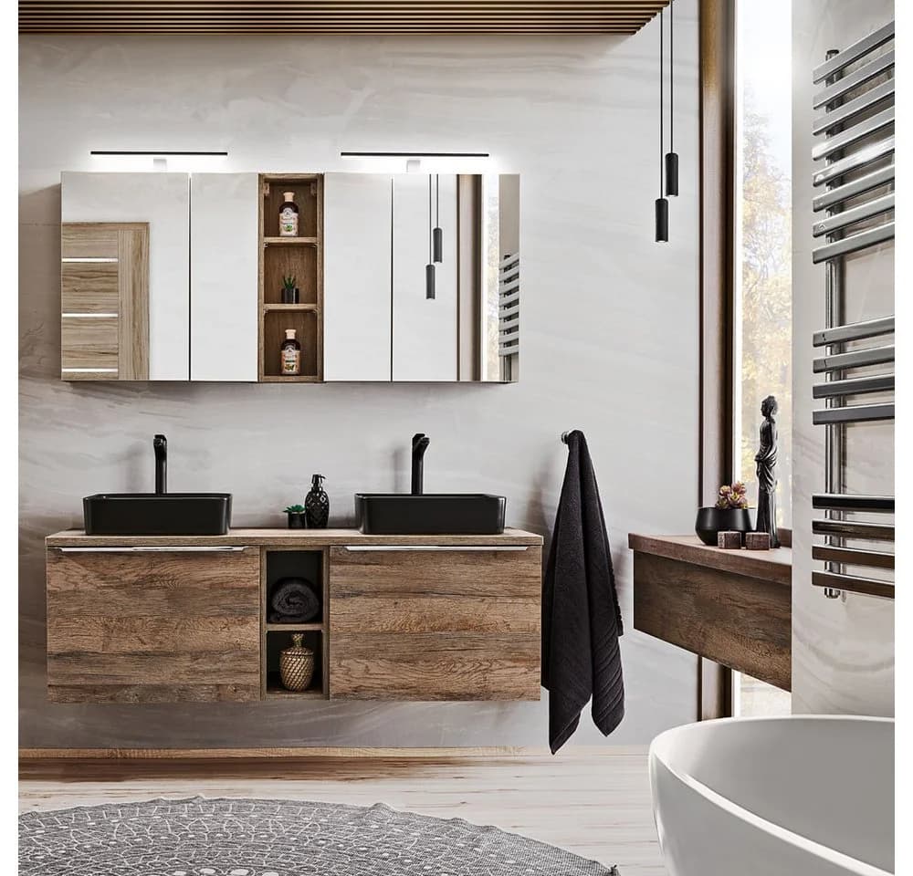 Lomadox Badmöbel-Set PUEBLA-56 Vintage Oak Schwarz mit LED-Spiegelschränken