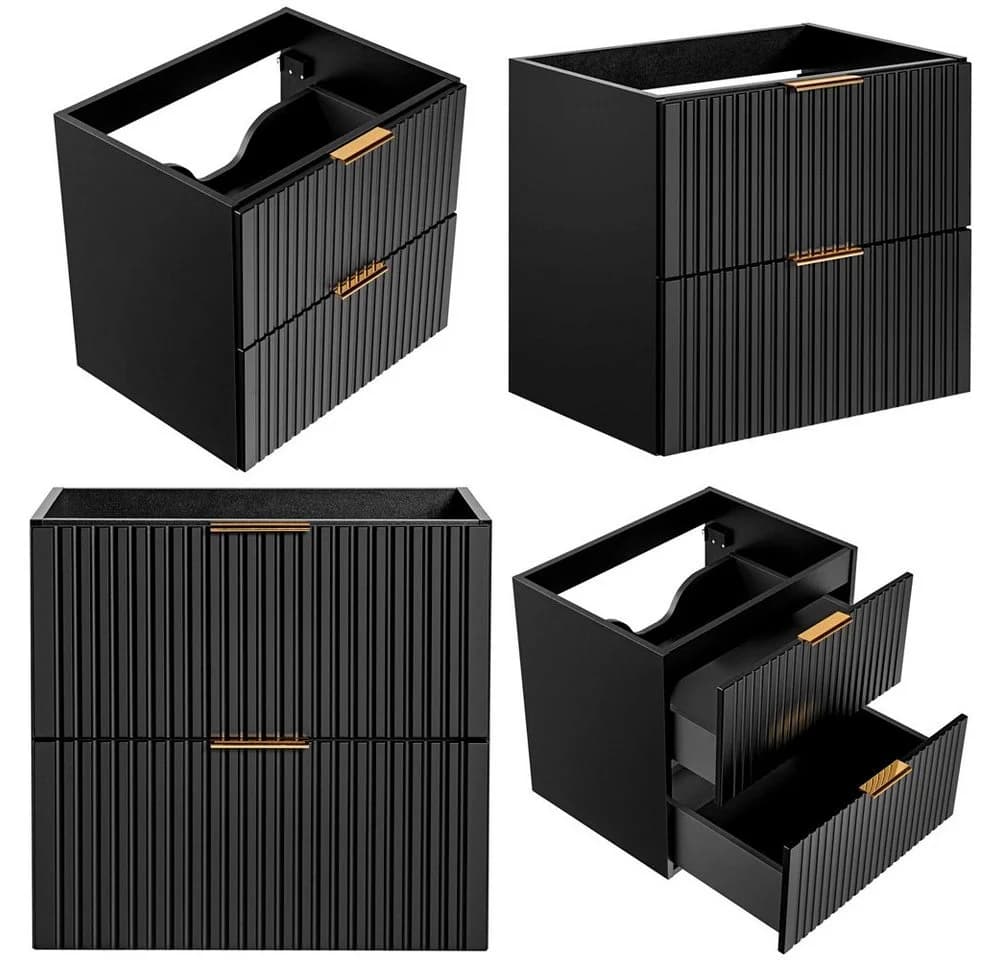 Lomadox Badmöbel-Set ADELAIDE-56-BLACK Schwarz Gerillt mit LED-Spiegel - Bild 4