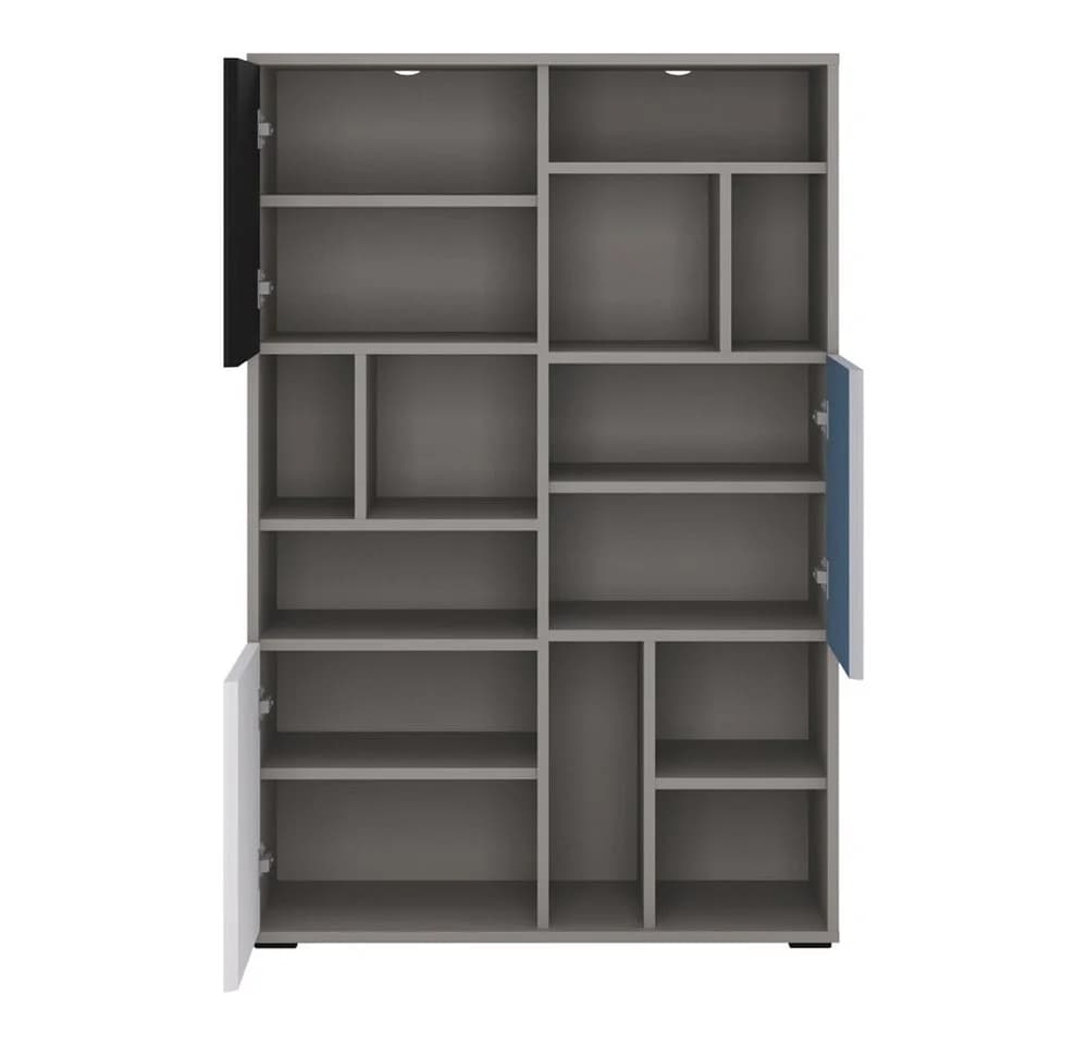Lomadox Regal LIIVA-129 mit 3 Türen Grau Schwarz Weiß Blau