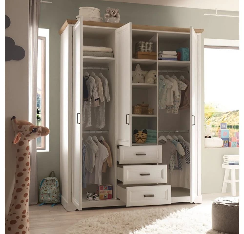 Lomadox Babyzimmer-Komplettset JASPER-78 4-teilig Weiß Eiche Landhausstil