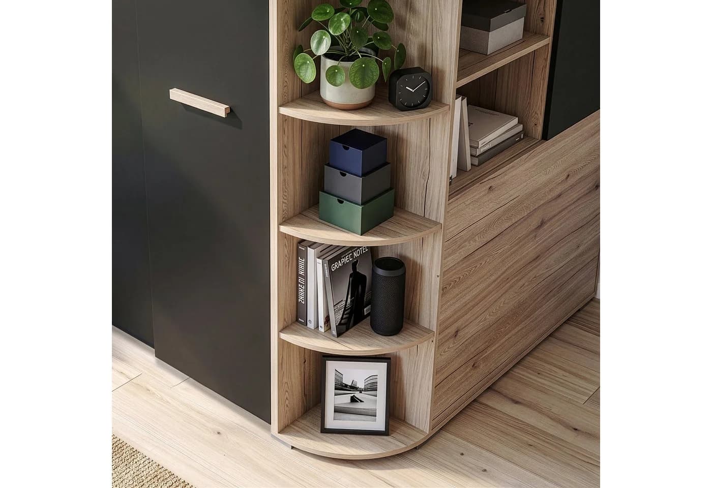 Lomadox Kleiderschrank CANTON-43 Eiche Nb. mit Graphit & Spiegel