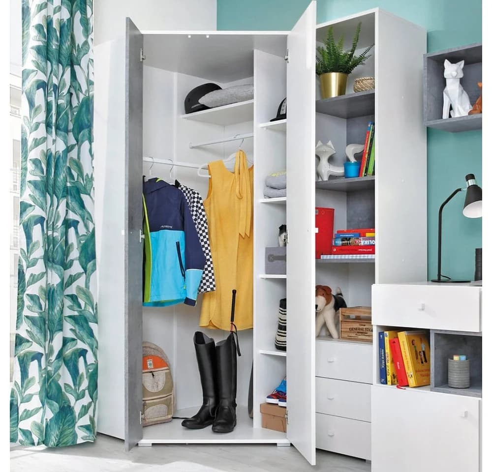 Lomadox Jugendzimmer-Set SEATTLE-133 Eckkleiderschrank und Regal Weiß Betonoptik