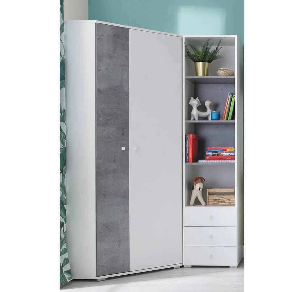 Lomadox Jugendzimmer-Set SEATTLE-133 Eckkleiderschrank und Regal Weiß Betonoptik - Bild 2