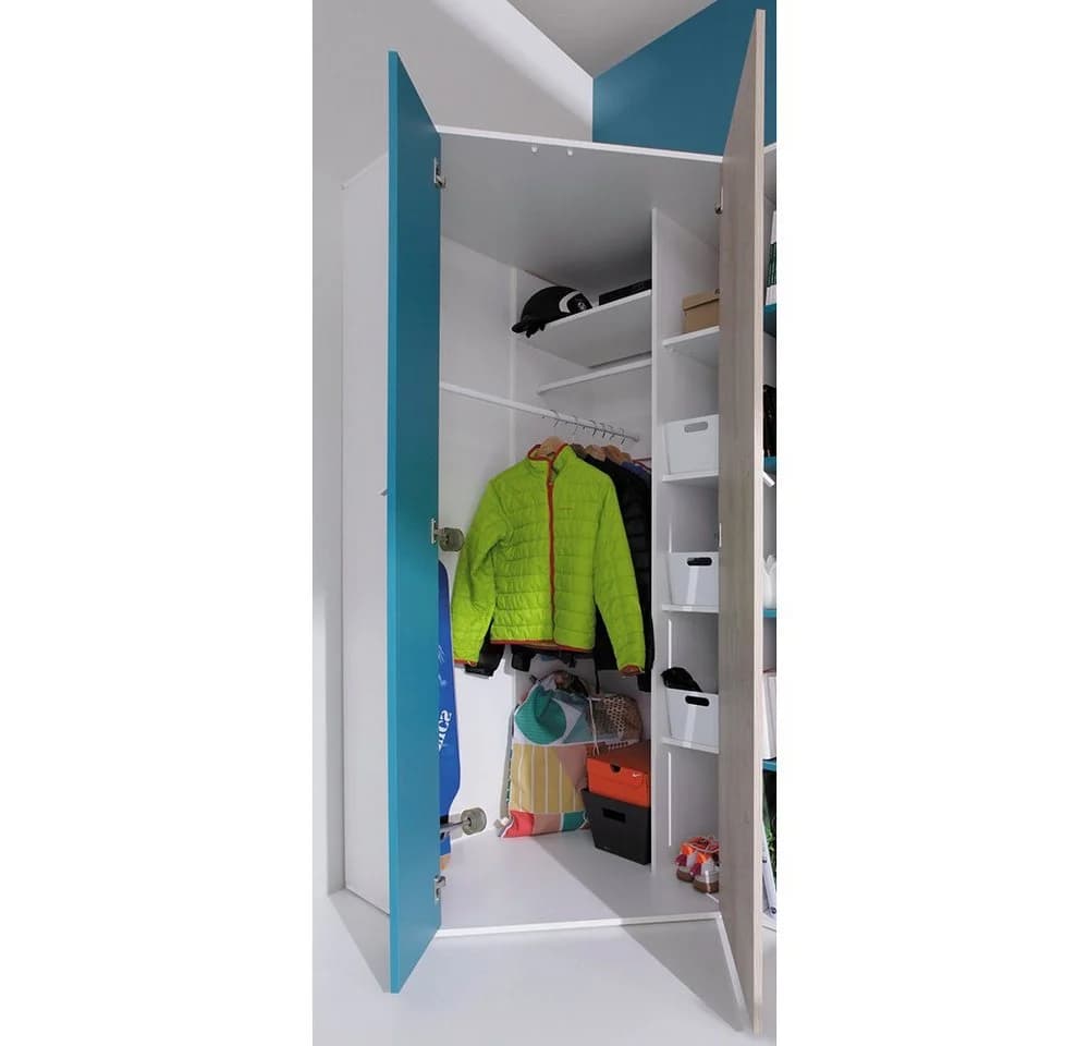 Lomadox Eckkleiderschrank PITTSBURGH-133 Weiß/Blau/Eiche